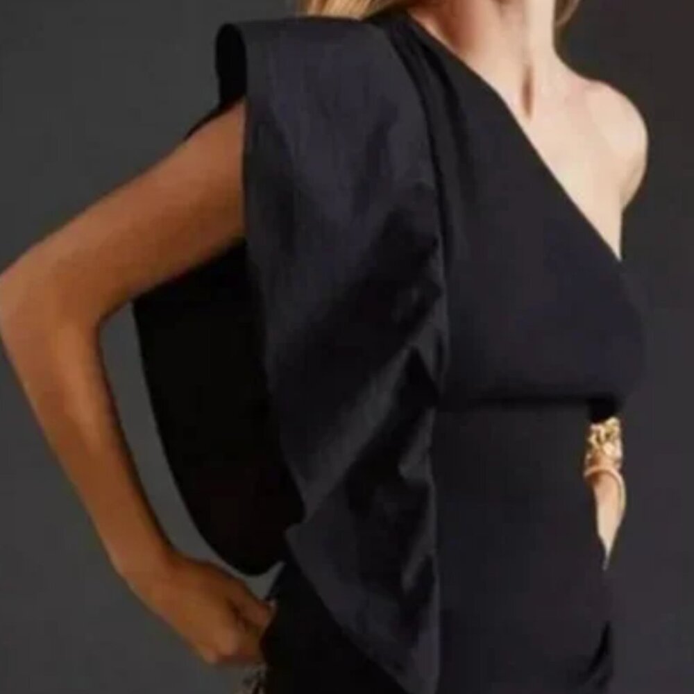 Anthropologie XS Black Knit Ruffled Ruffle One Shoulder Top